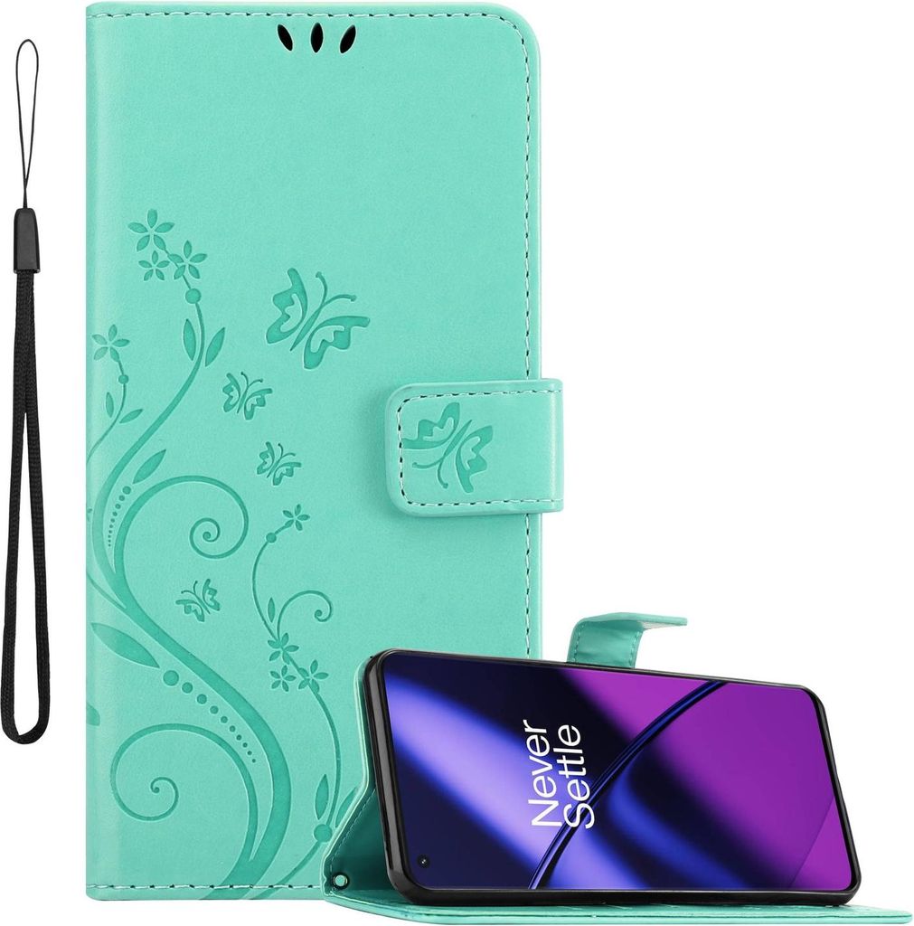Cadorabo Hülle für OnePlus 11 5G in FLORAL TÜRKIS Schutzhülle im Blumen Design mit Magnetverschluss, Standfunktion und Kartenfächern Flip Case...