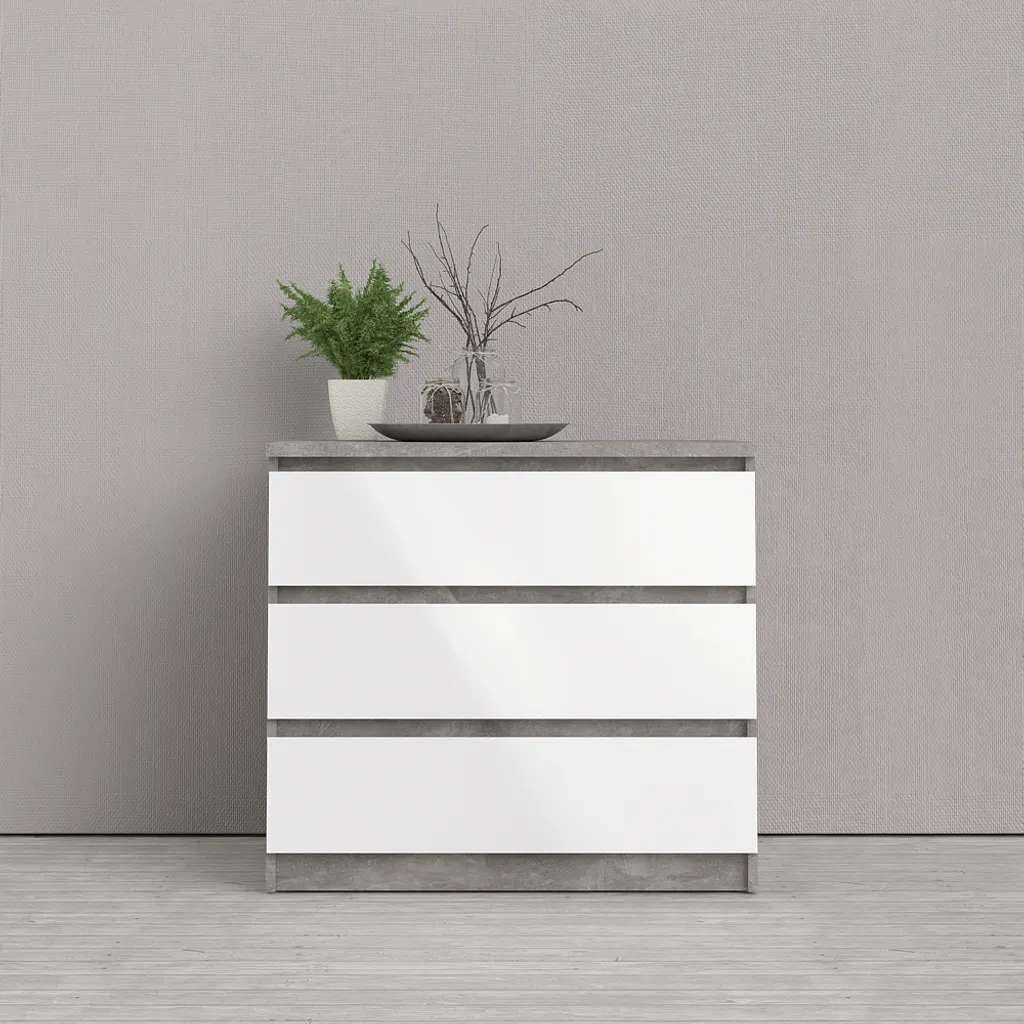 Commode basse Nada 3 tiroirs effet béton et blanc brillant pour salon - 2