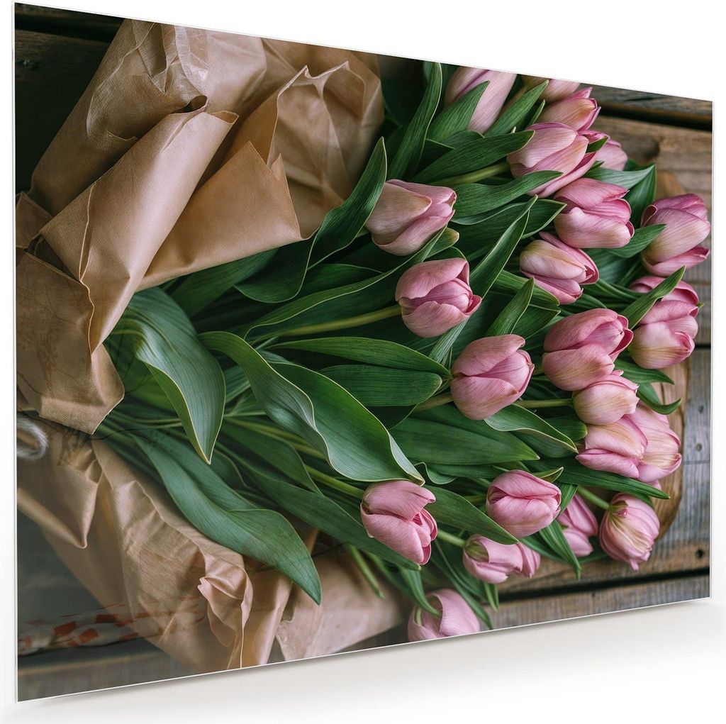 Glasbild 120x90cm in XXL für Wohnzimmer, Schlafzimmer Motiv Rosa Tulpenstrauss