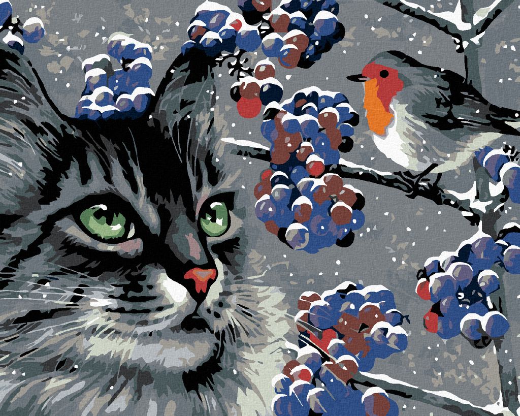 Diamondi - Diamond painting - LAUERNDER GRAUER KATER UND VÖGLEIN, 40X50 cm, ohne Keilrahmen