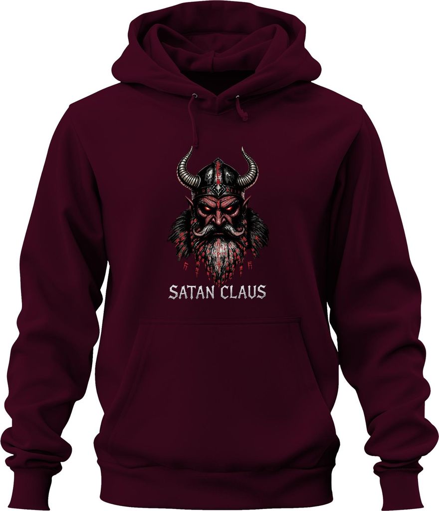Satan Claus Teufel Wikinger Hörner Bart Runen Weihnachten Gothic Uni Hoodie Kapuzenpullover, Burgundy, L