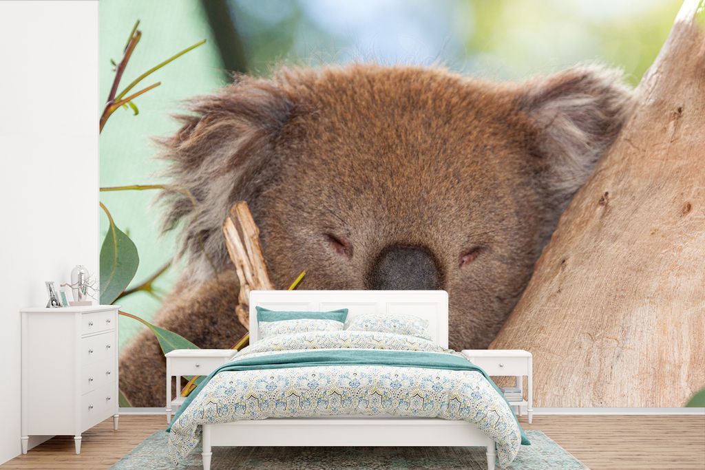 MuchoWow Fototapete für Wohnzimmer oder Schlafzimmer Wandtapete Vinyl Motivtapete Koala - Blätter - Grau - 390x260 cm - Papiertapete
