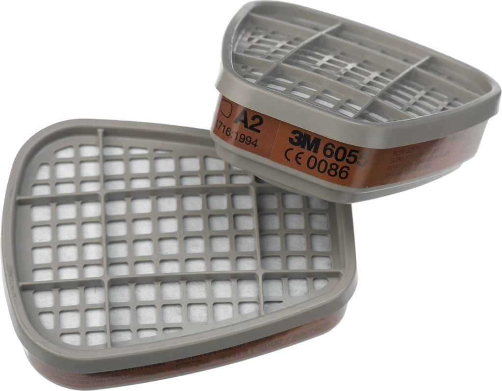 Two respirator filter cartridges are shown against a white background.