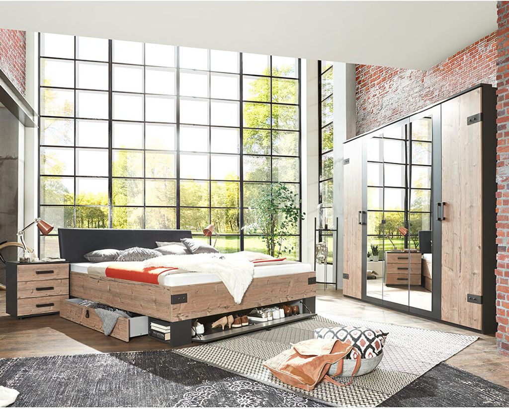 Schlafzimmer Set mit Spiegeltürenschrank Industrial Design Produktbild 