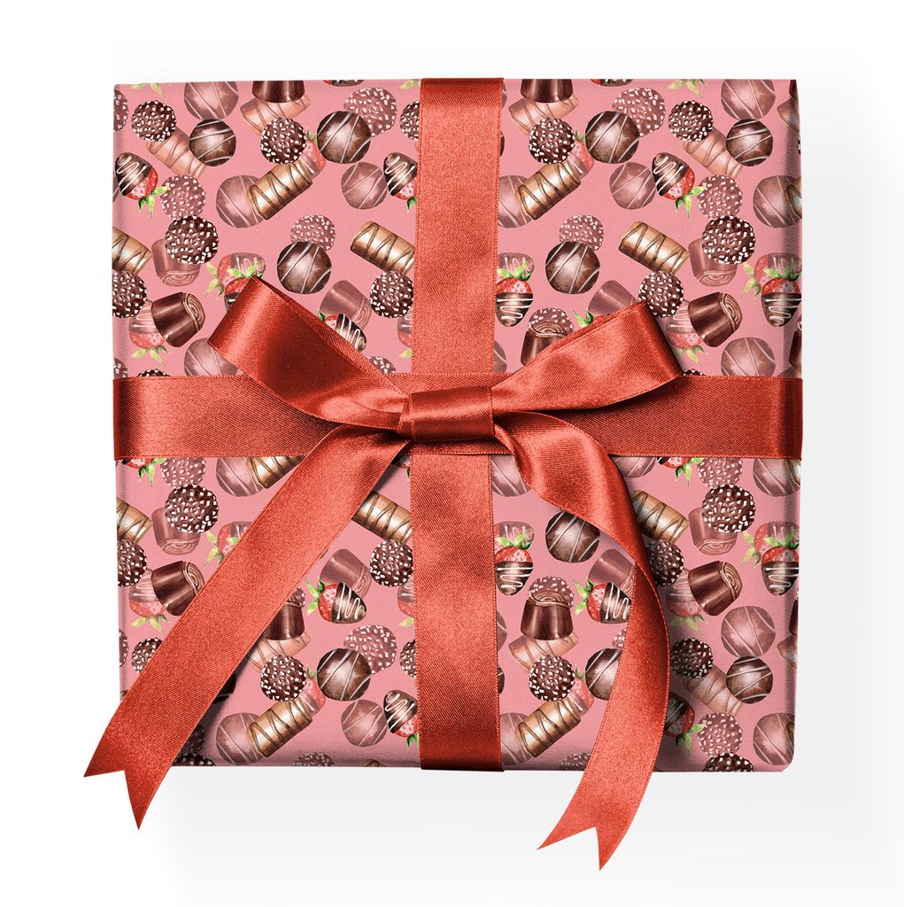 Rosa Schoko-Pralinen Geschenkpapier mit Konfekt auf Streifen - G23082, 32 x 48cm