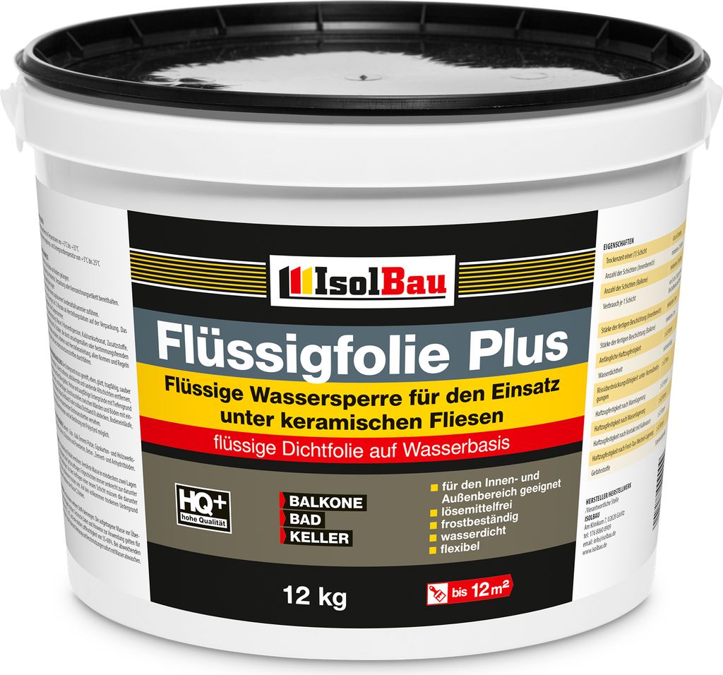 Isolbau Flüssigfolie PLUS 12kg - Dichtfolie für innen & Außenbereich - für Wand & Boden - Balkonabdichtung, Terrasse - Lösemittelfreie, wasser...
