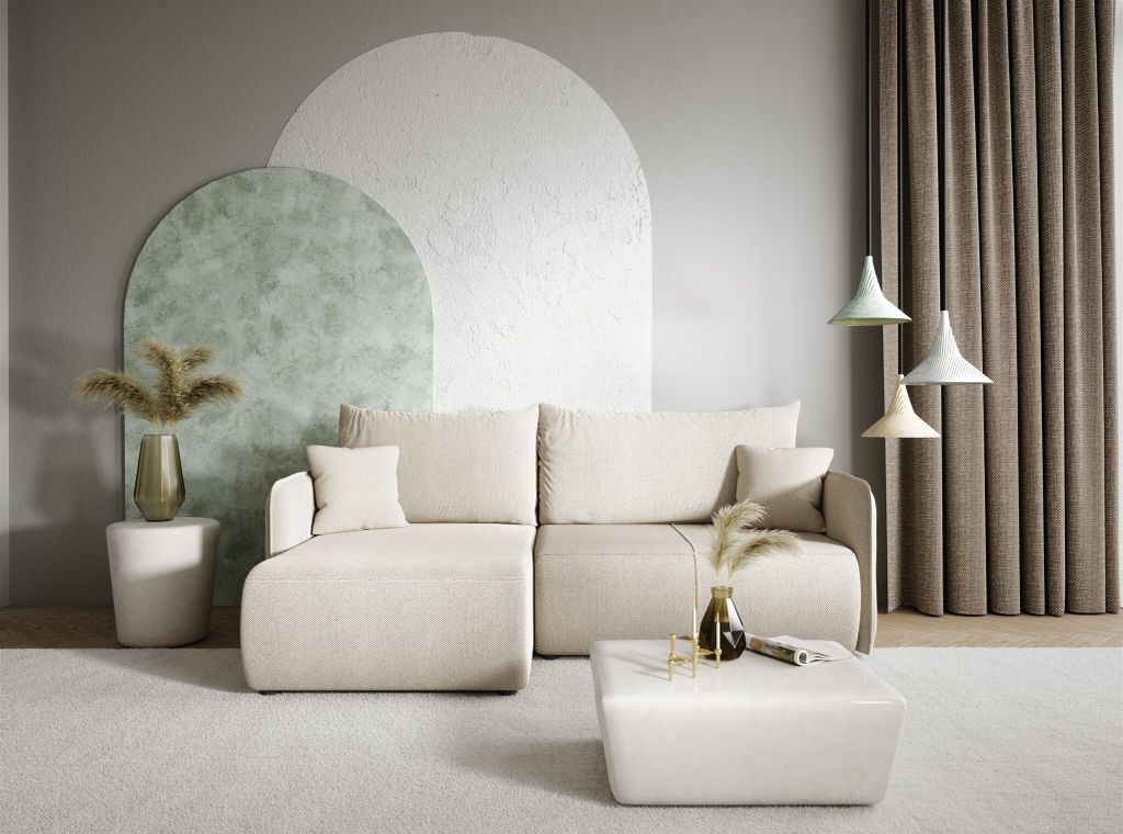 Ecksofa Sofa mit Schlaffunktion CALGARY Stoff Curio Hellgrau Ottomane Links