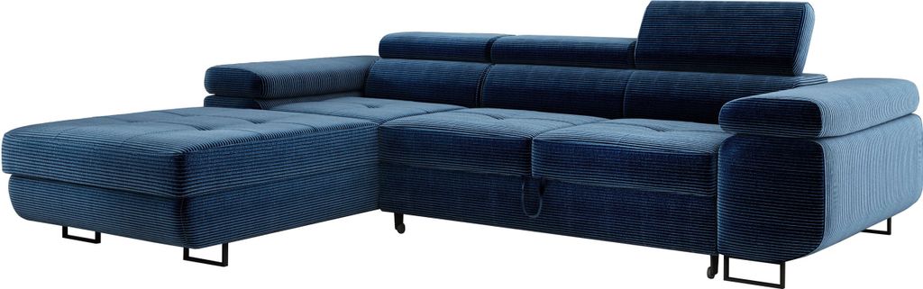 Wohnlandschaft mit Bettfunktion, Ecksofa Cord ADRIANO 202x277 cm, Eckcouch mit einstellbare Kopfstützen, Polsterecke, Sofa L - Links Blau PS05
