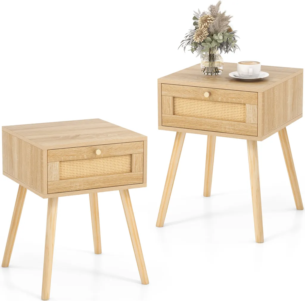 Table de Chevet en Rotin et Chêne - Set de 2 Tables d'Appoint Design
