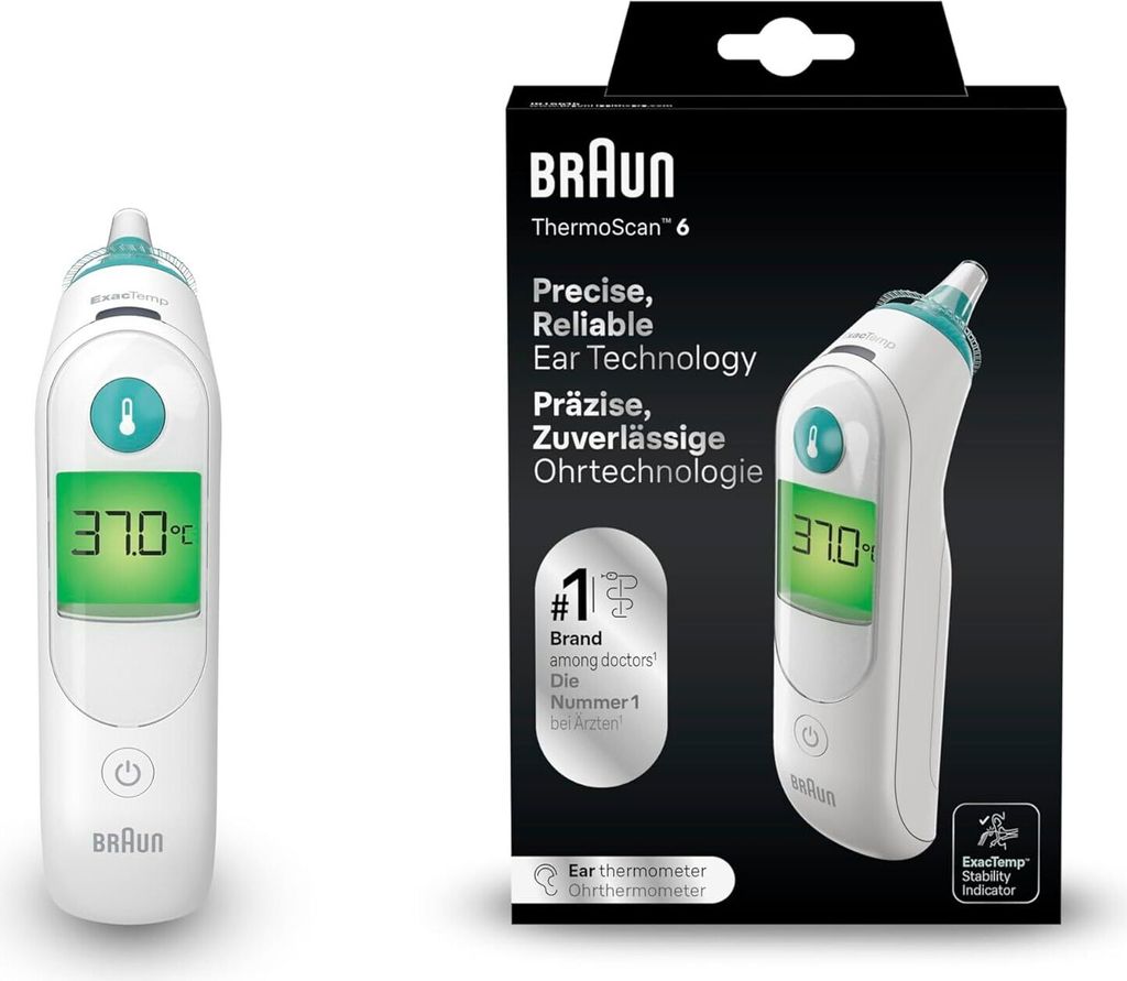 Braun ThermoScan 6, Kontakt-Thermometer, Weiß, Ohr, Tasten, Produktbild 