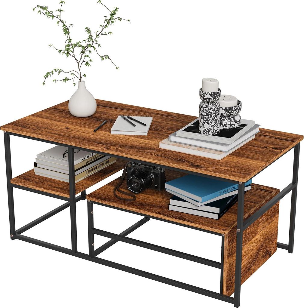 Set aus 2 Couchtischen - Wohnzimmertisch - Marmoroptik - Metallgestell - Mit Ablage - Modernes minimalistisches Design - Schokoladenbraun