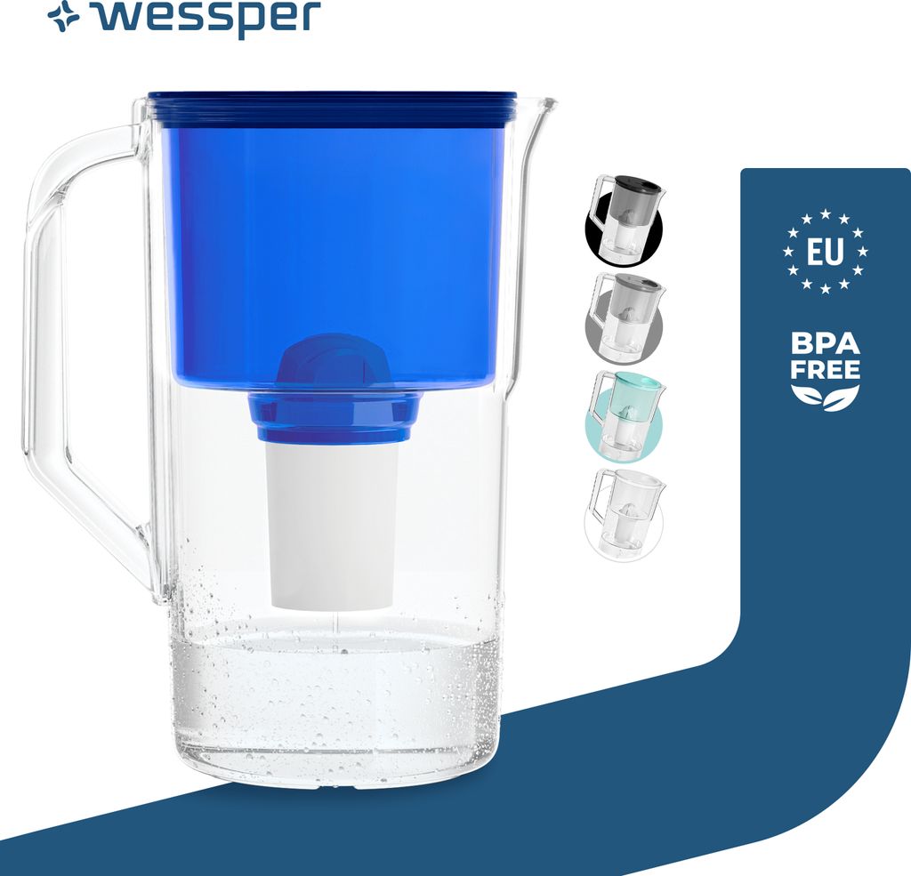 Wessper Wasserfilterkanne 2.5 L Kompatibel Mit Brita Classic , Wasser Filtersystem zur Reduzierung von Kalk, Chlor | + 1x Wasserfilter Blau