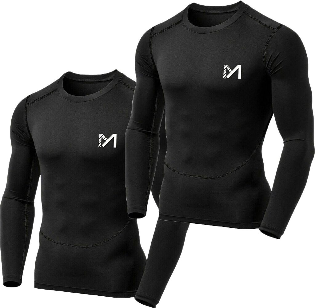 Herren 2er-Pack Funktionsshirt Kompressionsshirt Langarmshirt Sport Laufshirt Tights Tops schnelltrocknend & atmungsaktiv, Muskelhemd schwarz+schwa...