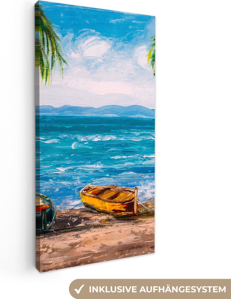 MuchoWow - Leinwandbilder - Gemälde - Öl auf Leinwand - Strand - Palme - Boot, Wandbild, Wanddeko Bilder Wohnzimmer, 20x40 cm