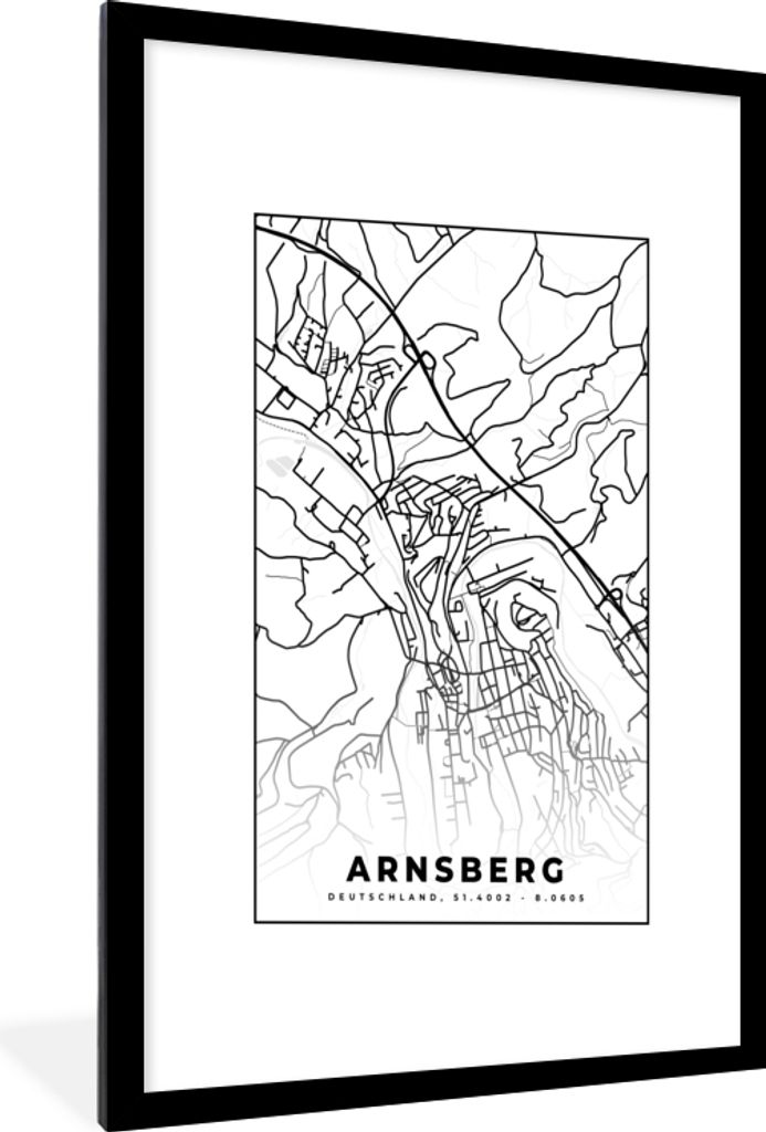 MuchoWow Gerahmtes Poster Stadtplan - Arnsberg - Karte 60x90 cm - Poster mit Schwarzem Bilderrahmen Wandposter Rahmen Foto Bilder - Dekoration - ...