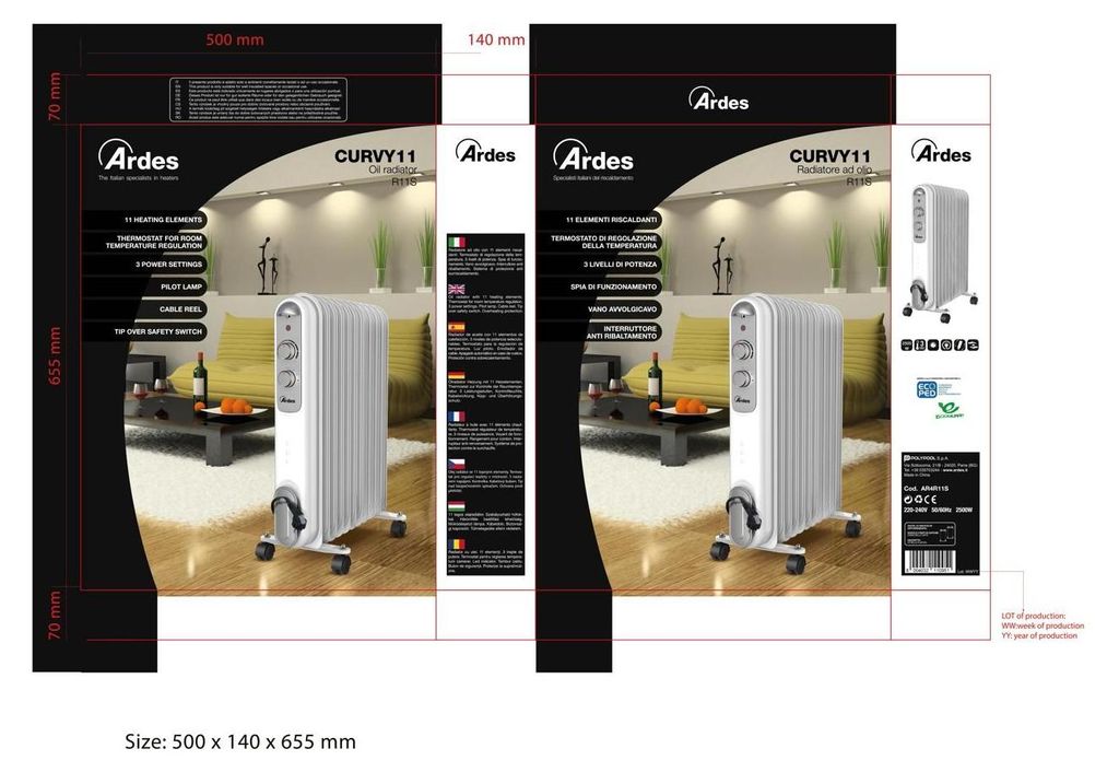 Ardes Curvy 11, Olejový elektrický přímotop, Olej, IPX0D, Obrázek produktu 