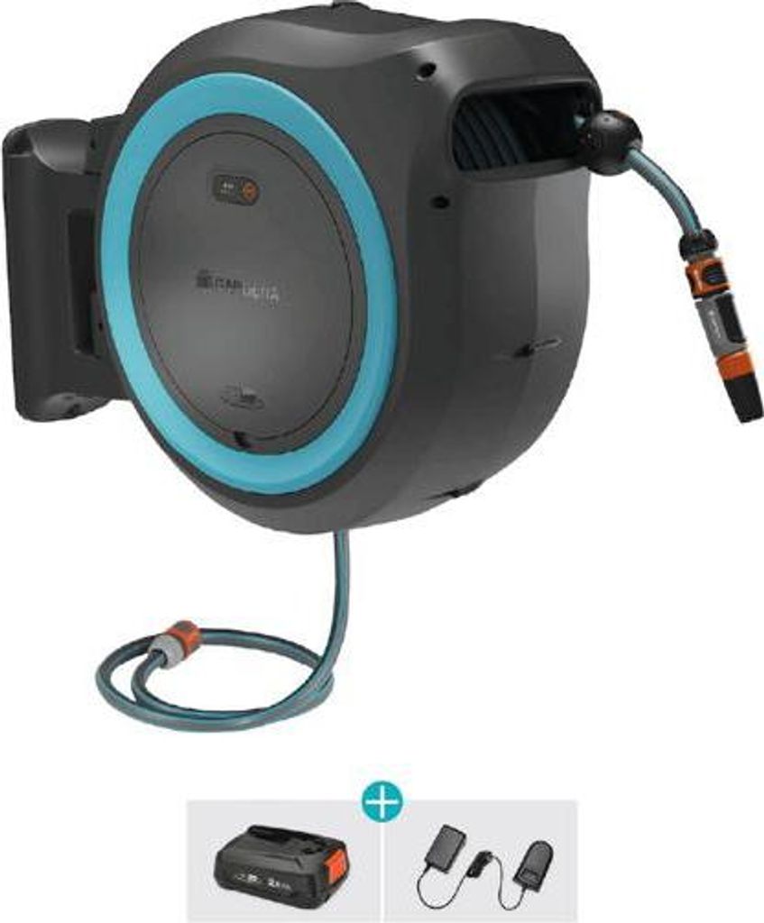 A wall-mounted hose reel with a hose and nozzle, along with a battery and charger accessory.
