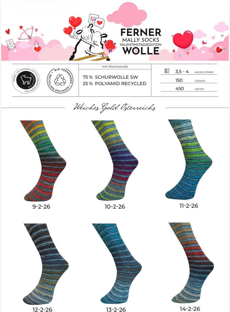 Ferner Wolle MALLY SOCKS Valentinstagsedition 2026 4-fach Sockenwolle zum Valentinstag 150 g, 450 m Farbe 12.02.26