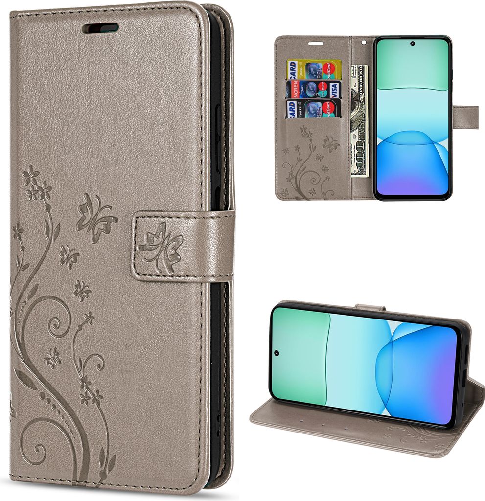 Xiaomi Redmi 13 Handyhülle - Wallet Case Flip Cover - Blumen Klapphülle Grau