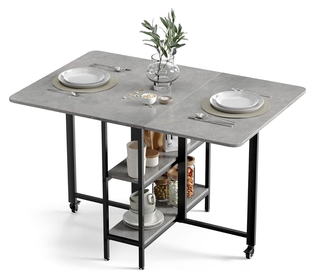 Mobiler Klappbarer Esstisch mit 2 Offenen Ablagen für Kleine Räume, 120 x 80 x 75 cm, Grau