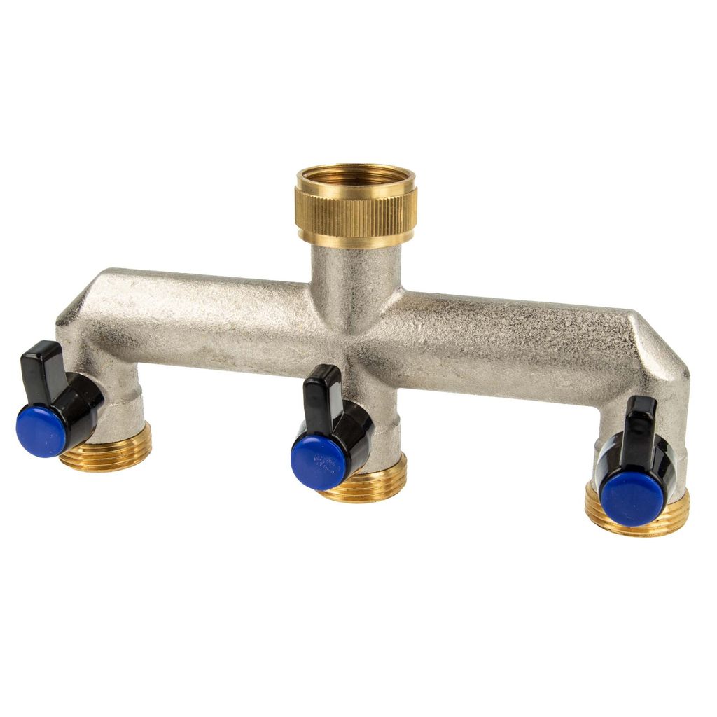 tecuro 3-Wege Verteilerstück 3/4 Zoll (DN15), einzeln absperrbar durch Kugelventile, Messing vernickelt