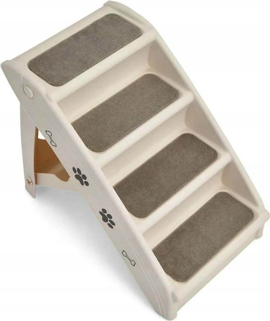 Escalier animaux pliable 4 marches en bois avec tapis antidérapant beige