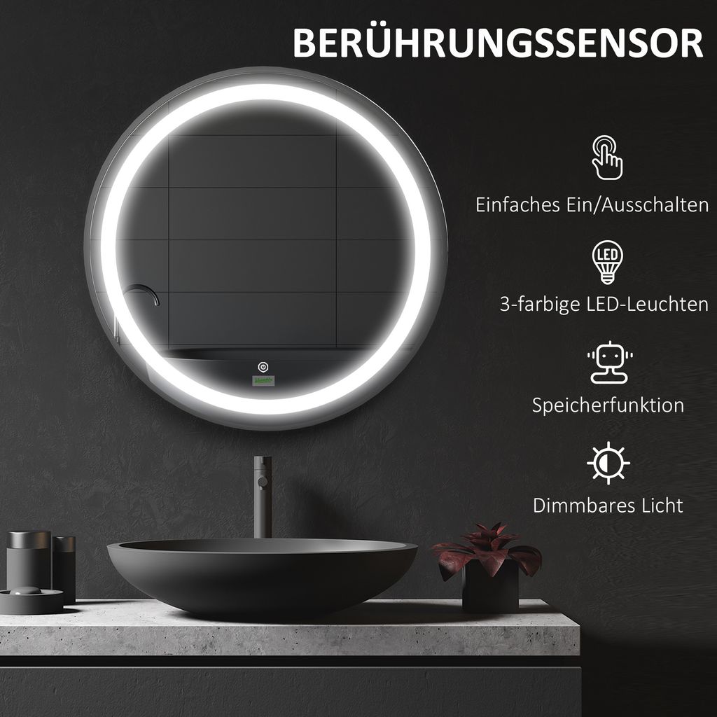 LED Badspiegel Rund 60cm Mit Touch/Wandschalter Beschlagfrei Kalt/Neut