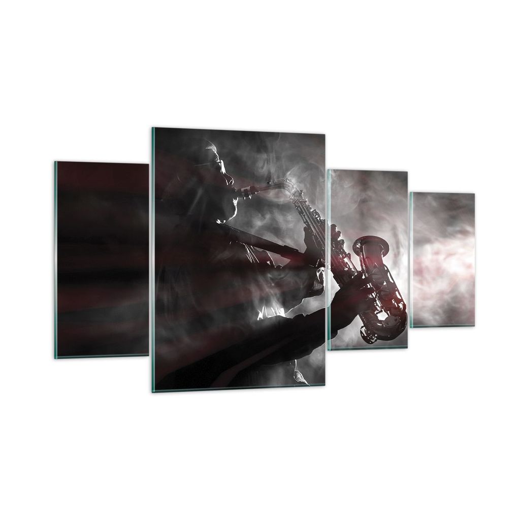 Bilder auf glas - 4 Teile - Musiker Saxophonist Schwarz - 160x90cm - Glasbilder - Wandbilder - Bilder - Wanddekoration aus Glas - Glas Bilder - Wan...