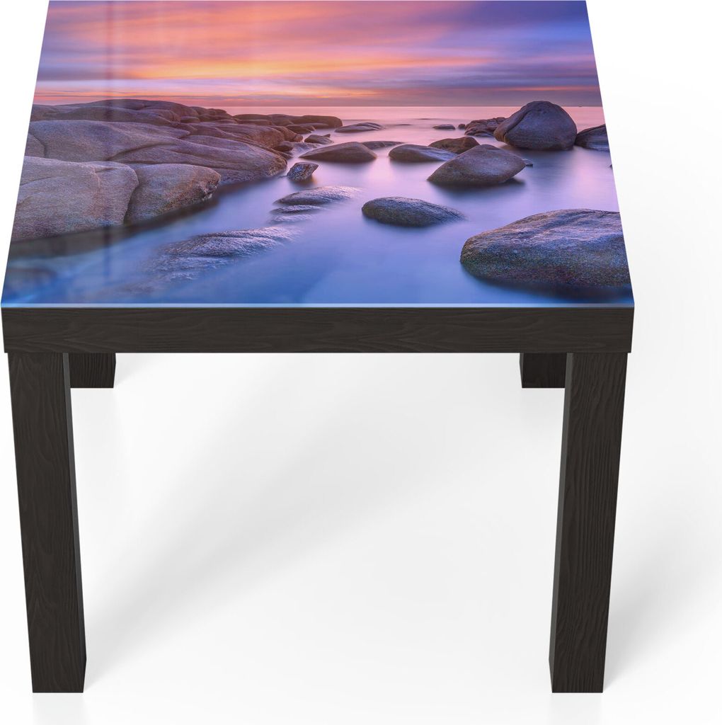 DEQORI Couchtisch 55x55 cm Schwarz 'Küstenfelsen in Abendröte' Glas Beistelltisch