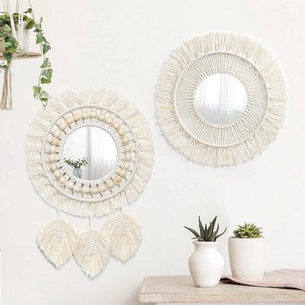 Miroir Rond Bohème Anti-Rayures en Coton Naturel pour Agrandir l'Espace