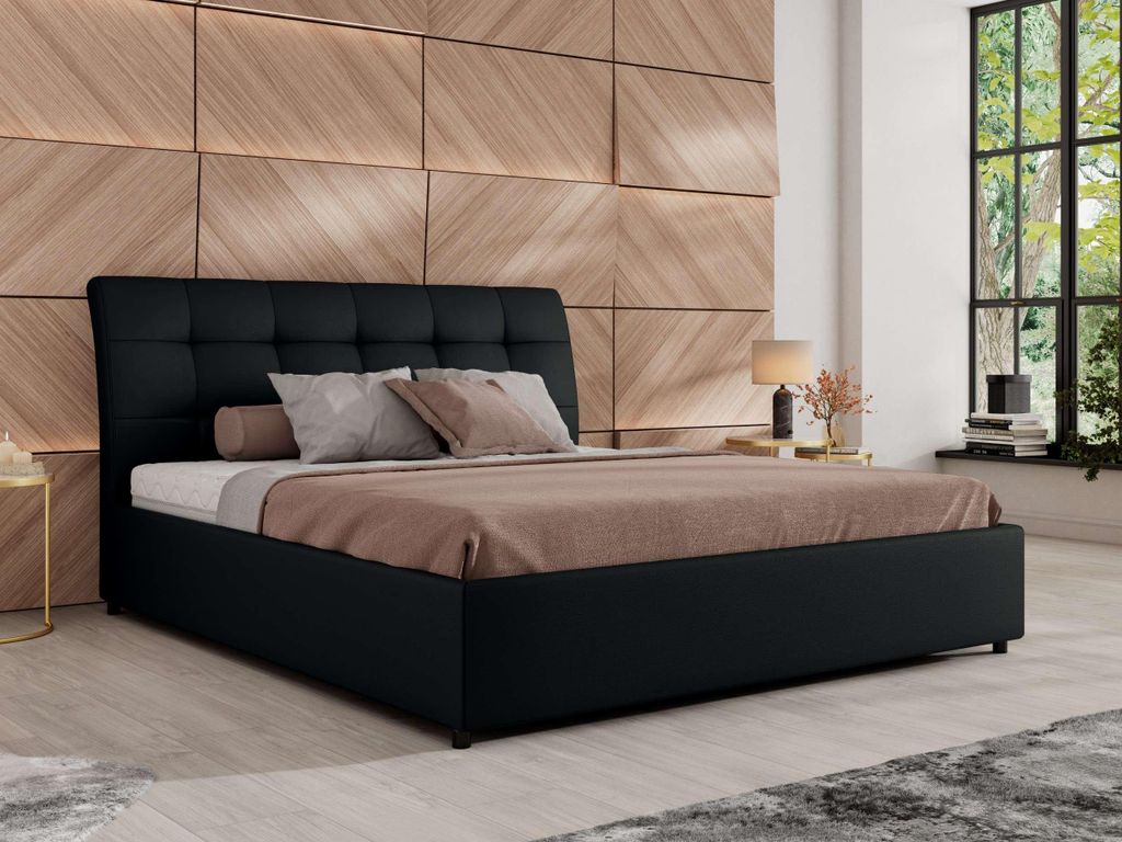 MKS MEBLE Polsterbett GALA CLASSIC Lattenrost klappbar Bett mit Stauraum 200x200 Hotel Betten Schlafzimmer Foam Matratze MIRO LUX Schwarz Kunstleder