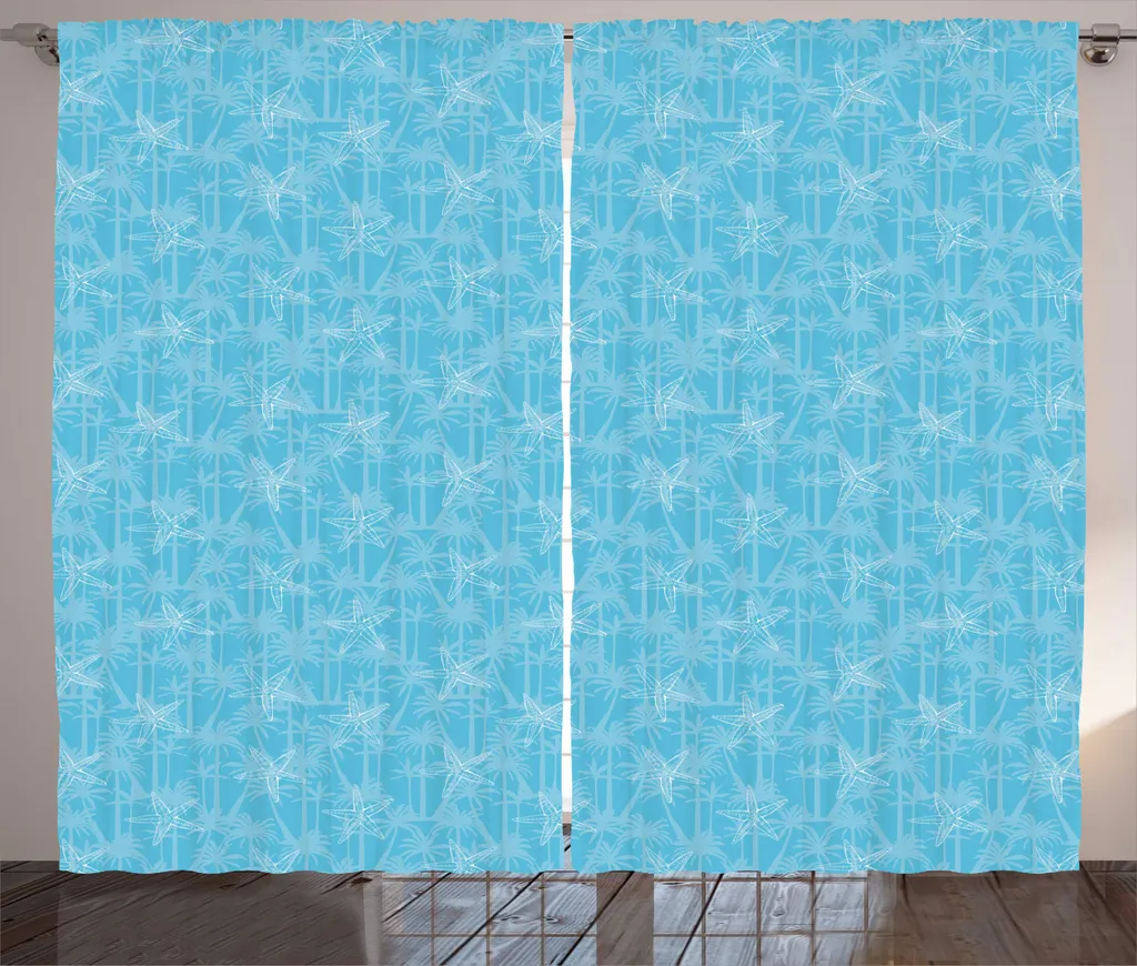 Rideau bleu azur imprimé palmiers et étoiles de mer 280 x 225 cm