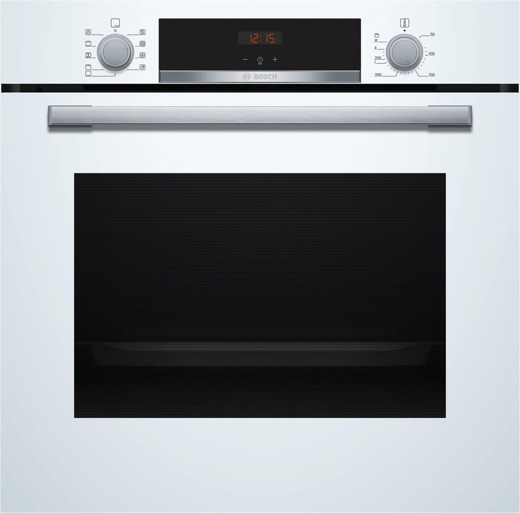A front view of a white Bosch oven.