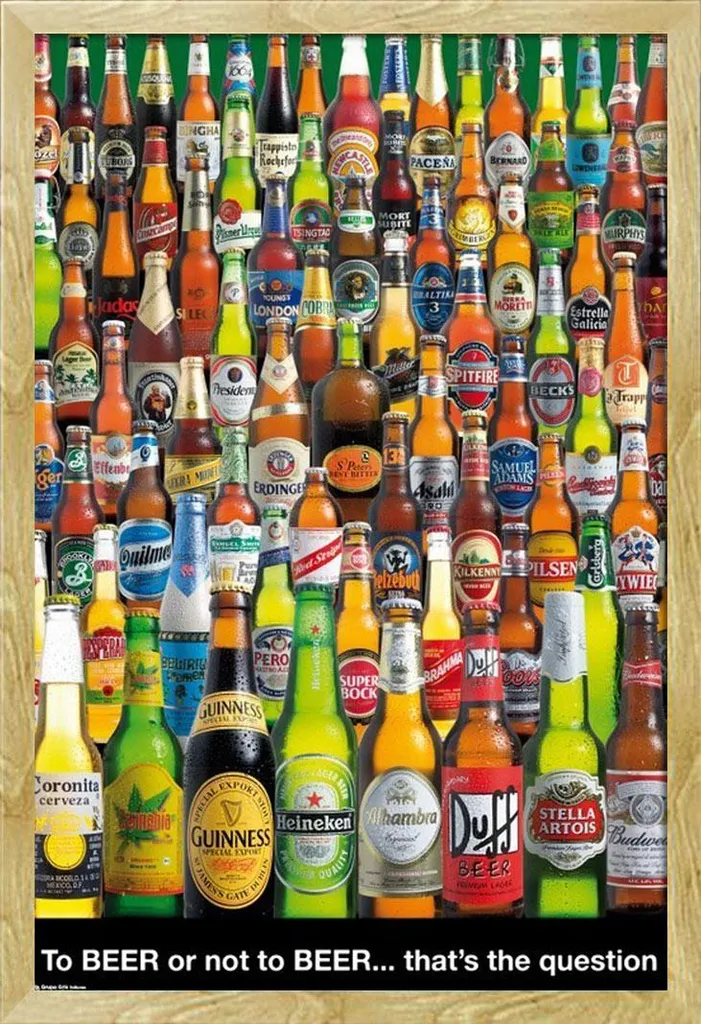 Décoration Murale Bière Poster Encadré pour Bar et Cuisine Hêtre