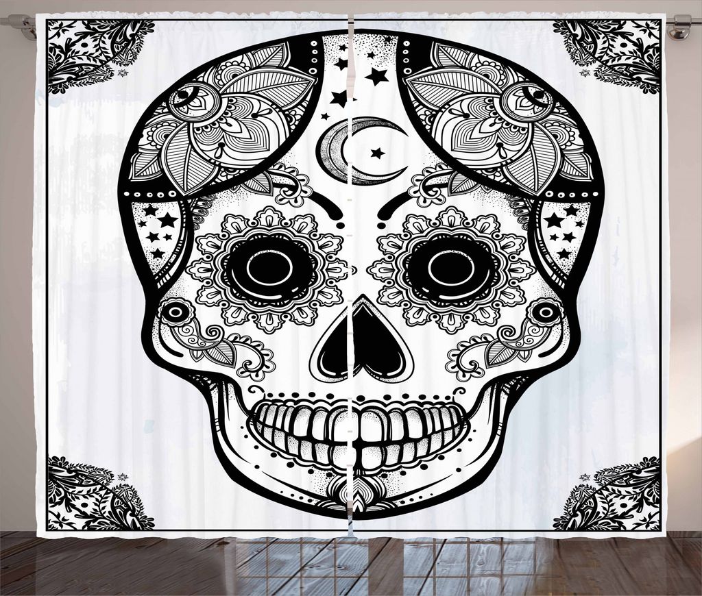 ABAKUHAUS Zuckerschädel Rustikaler Vorhang, Hispanic Art Maskottchen, Wohnzimmer Universalband Gardinen mit Schlaufen und Haken, 280 x 245 cm, Wei...