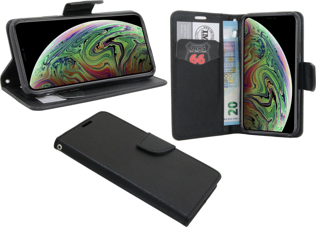 Elegante Buch-Tasche Hülle für iPhone Xs Max Schwarz Leder Optik Wallet Book-Style Schale cofi1453
