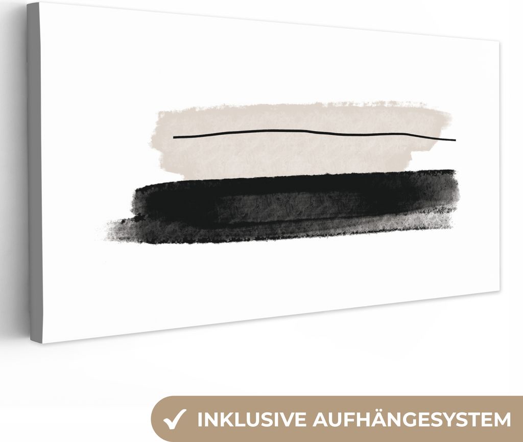 MuchoWow - Leinwandbilder - Abstrakt - Linien - Schwarz - Beige - Kunst, Wandbild, Wanddeko Bilder Wohnzimmer, 80x40 cm