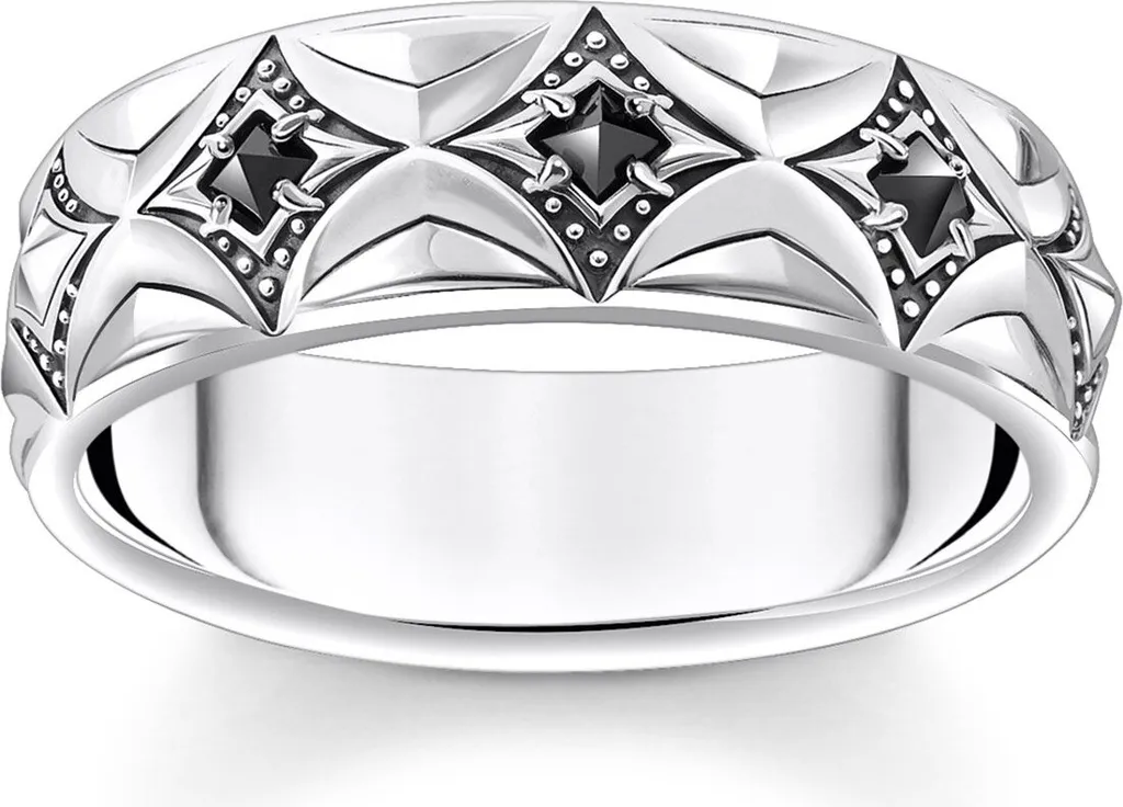Bague Argent Noirci Motif Losange Serti de Cristaux Noirs Étincelants