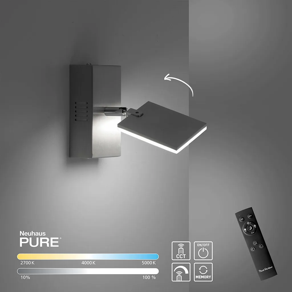 Paul Neuhaus Lampada a parete LED PURE MIRA faretto telecomando dimmerabile ruotabile CCT alluminio soggiorno, camera da letto, cucina, corridoio, sala da pranzo, ufficio 9353-95, 9353-18