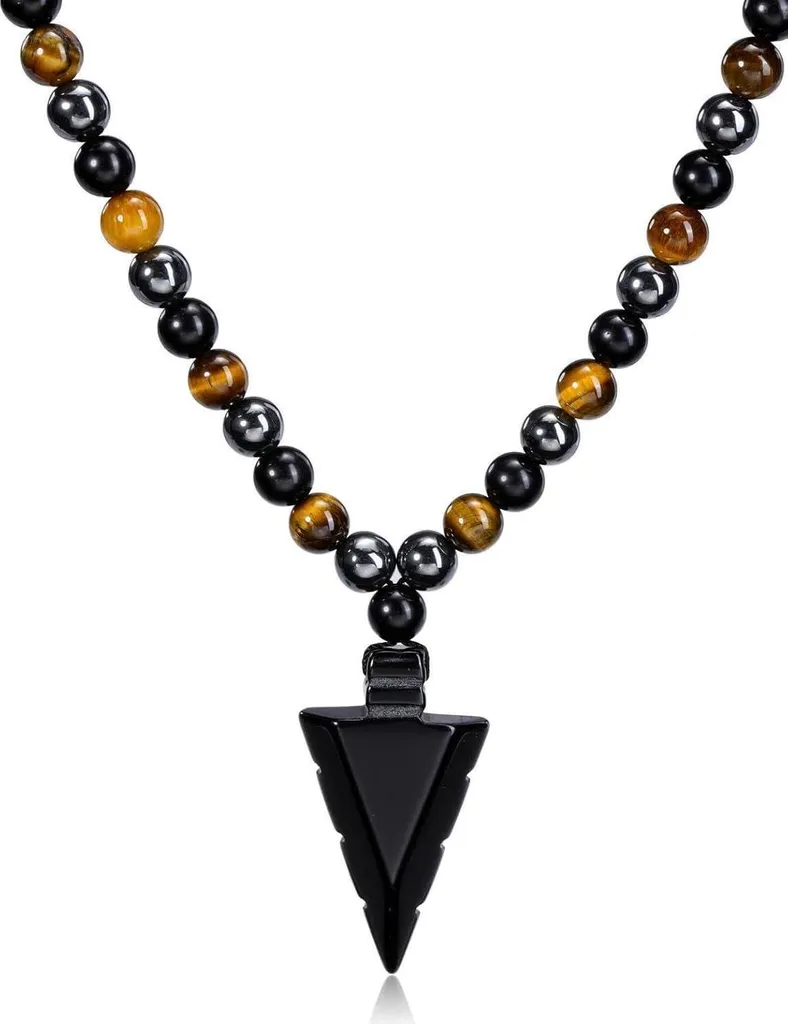 Pendentif Flèche Obsidienne et Oeil de Tigre avec Chaîne en Hématite