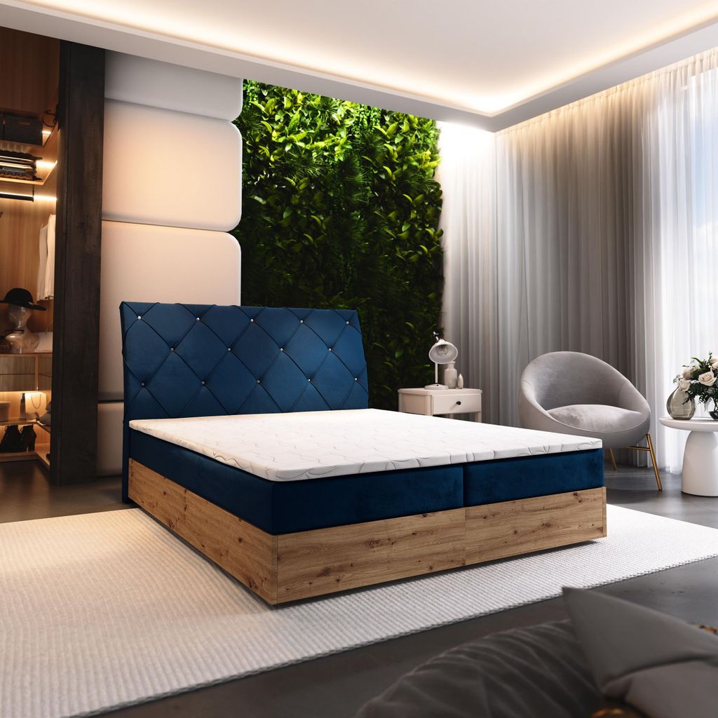 Masseno Boxspringbett VELLANO 180x200 cm Komplett-Set mit Bonell Matratze und Topper, Polsterbett mit Bettkästen -Blau, KRONOS 09