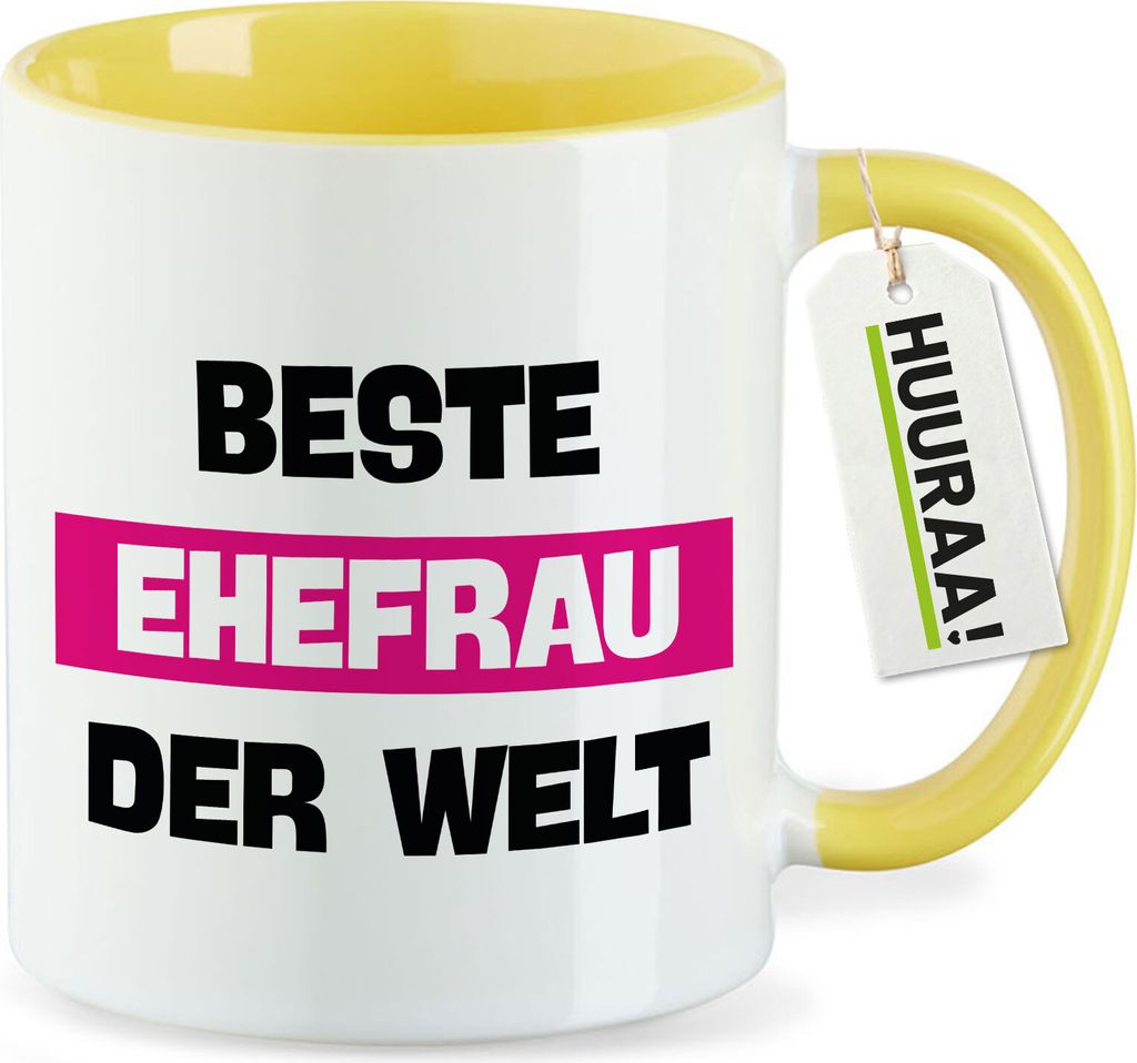 Huuraa Kaffeetasse Beste Ehefrau der Welt 330ml Gelb Keramik Kaffeebecher Geschenkidee
