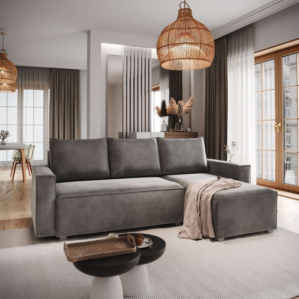 Masseno Ecksofa SILES mit Schlaffunktion L-Form, Sofa mit Bettkasten, Wohnzimmersofa, Couch, Soffa, Bettsofa, Couchgarnitur- Grau, MONOLITH 85