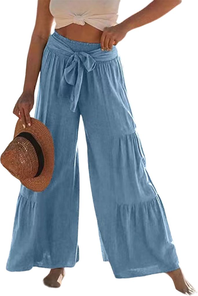 ASKSA Damen Weitem Bein Hose Elegant Hohe Taille Freizeithose Leichte Sommerhose, Himmelblau, Groesse: XL