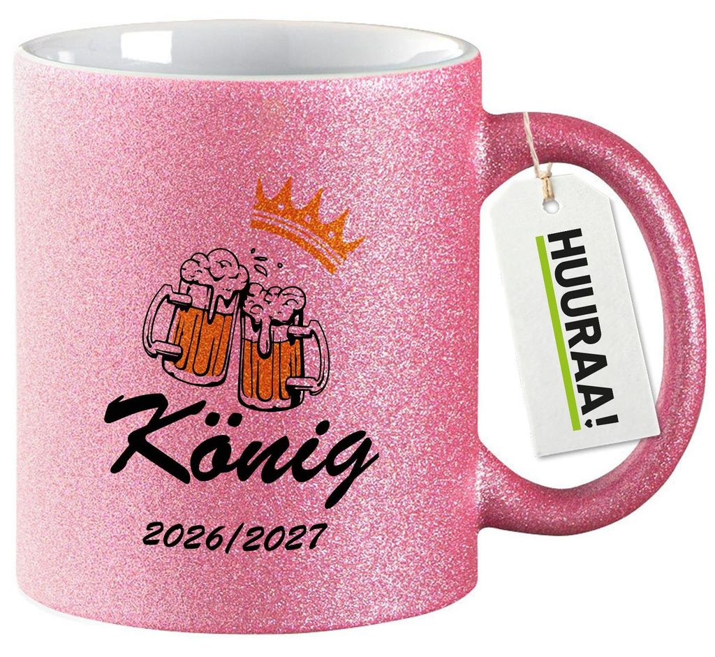 Huuraa Glitzertasse König 2026/27 Bierkrug Schüztenkönig 330ml Pink Keramik Kaffeebecher Geschenkidee