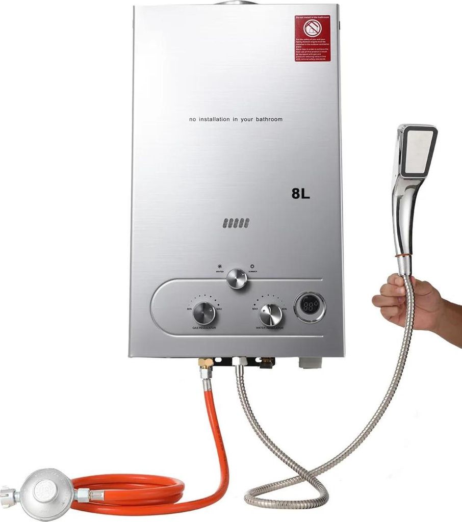 Gas-Durchlauferhitzer - Tankloser Warmwasserbereiter - LPG/Propan - Kapazität 2500 L - Edelstahl - Duschkopf-Set + Druckminderer - - Hellgrau