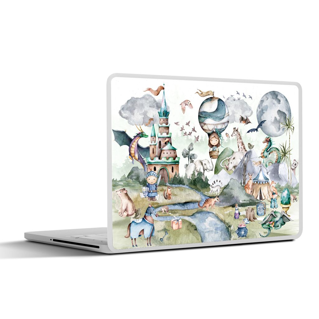 MuchoWow Laptop Aufkleber Sticker Cover Kinder - Heißluftballon - Drache - Jungen - Burg - Aquarell 32.5x23.5 cm - Sticker für Laptop - Selbstk...