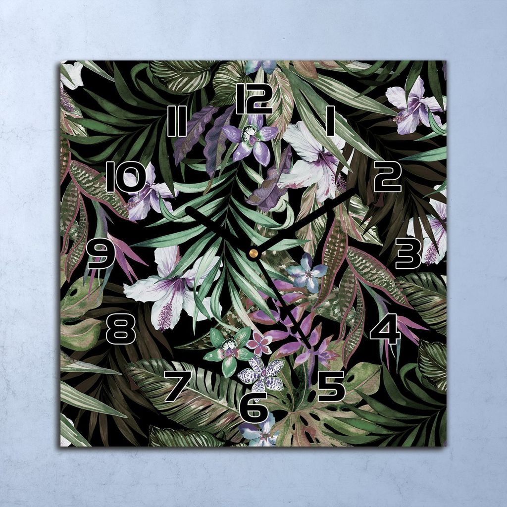 Wanduhr Echt-Glas-Küchenuhr Exotische Blumen Quarz Lautlos 30x30 Deko Bilder