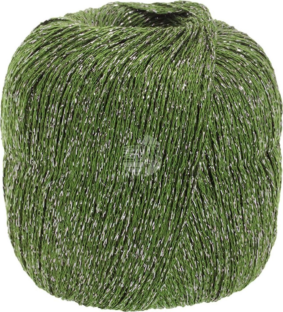A ball of green yarn with silver threads.