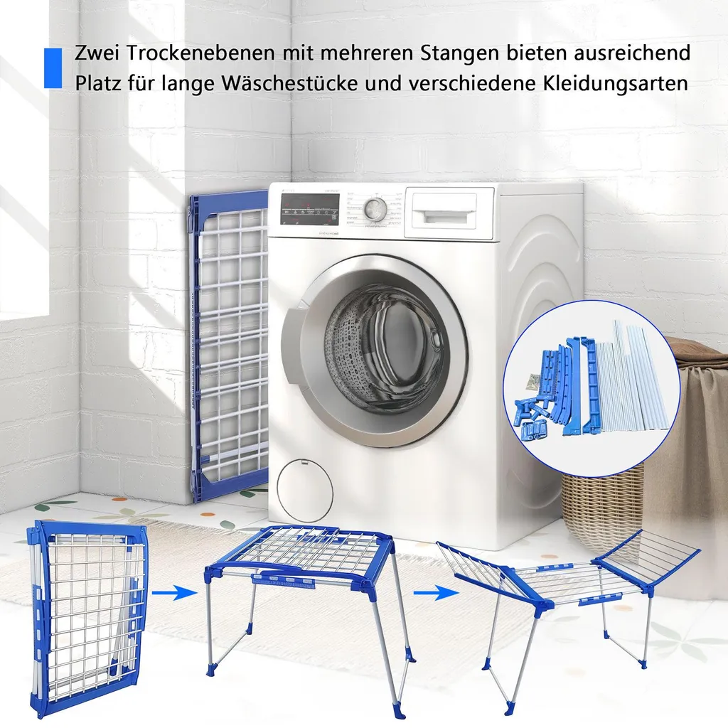 Séchoir à linge pliable bleu ultra stable avec rangement peu encombrant